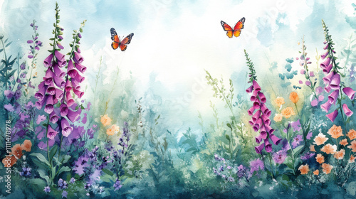 vibrant watercolor illustration of blooming meadow with butterflies