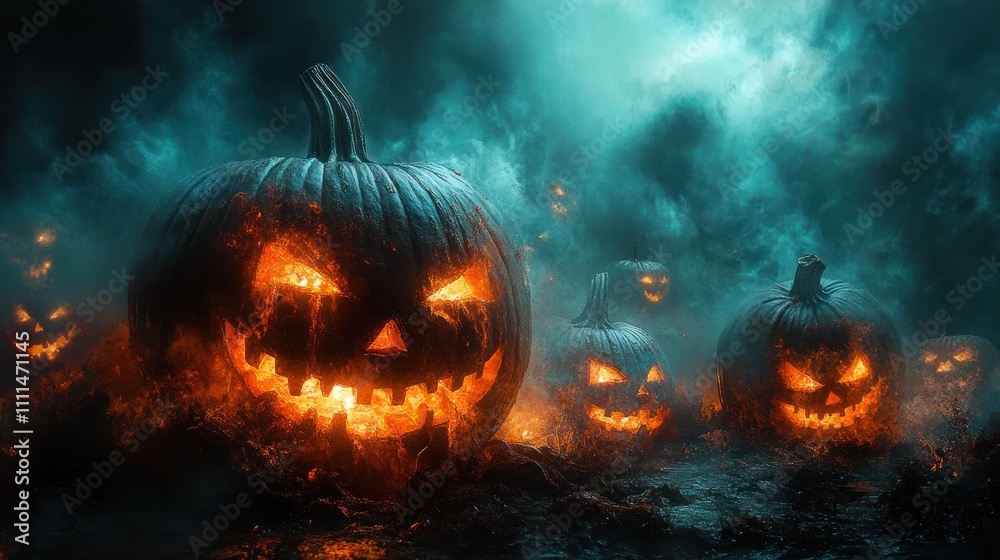 Fototapeta premium Spooky Halloween Background Wallpaper with Glowing Jack O Lanterns and Misty Night Landscape