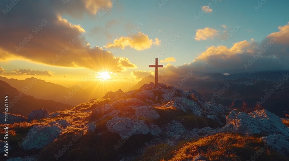 Golden sunlight shining through the separated clouds, illuminating the cross on the mountaintop. The bright sky and soft golden tones create a calm and high-resolution masterpiece. Golden sunlight shining through the separated clouds, illuminating the cross on the mountaintop. The bright sky and soft golden tones create a calm and high-resolution masterpiece.