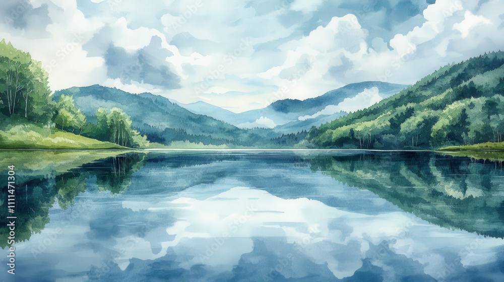 serene lake reflects mountains and clouds, creating peaceful scene