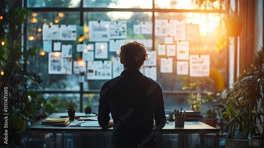 Man contemplates project plans at sunset window Man contemplates project plans at sunset window