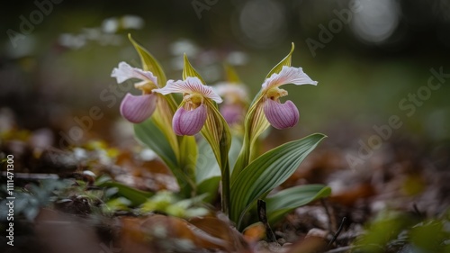 Lady's slipper orchids blooming in a serene forest. photo