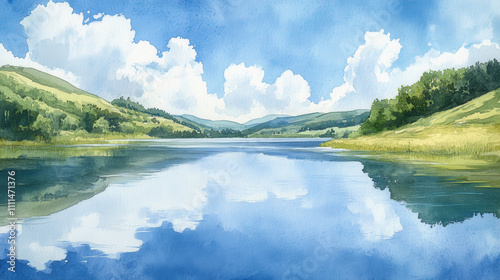 serene lake landscape with mountains and fluffy clouds reflecting on water