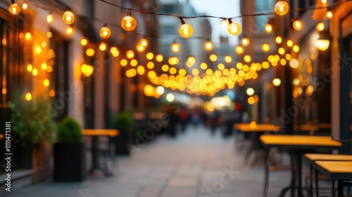 Illuminated City Nightlife with Outdoor Dining in a Vibrant Urban Setting   Festive Atmosphere of Glowing Lights Festoon Lanterns and Cozy Ambiance at a Lively Cafe or Restaurant Patio