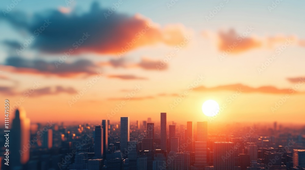Fototapeta premium Captivating City Skyline at Scenic Sunset with Serene Cityscape and Towering Skyscrapers Aerial view of a bustling metropolitan area during the golden hour