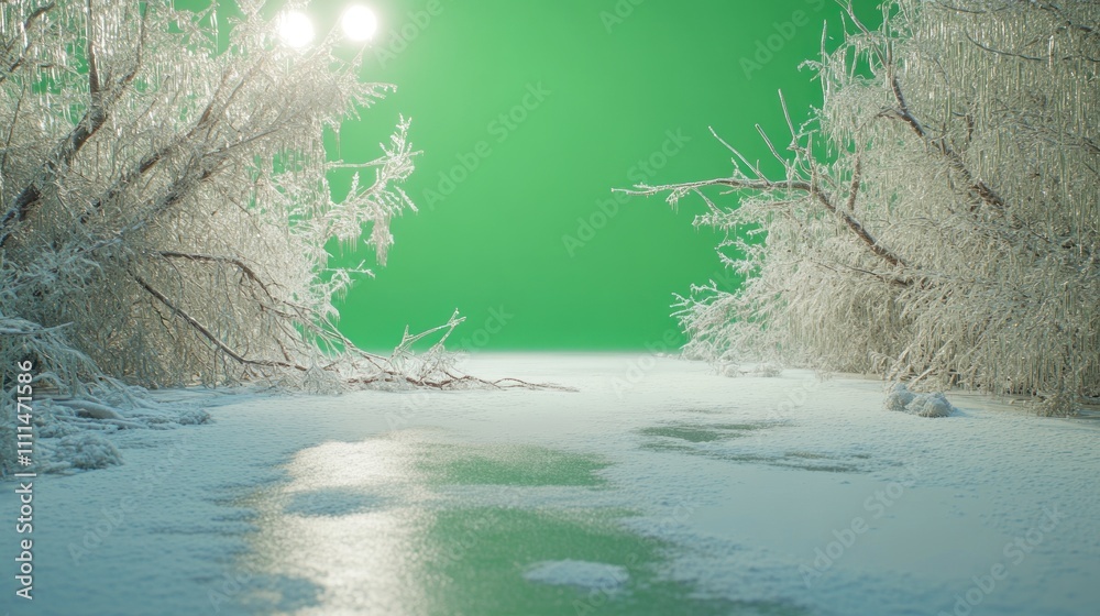Winter Wonderland Scene with Icy Branches and Frozen Ground Set Against a Bright Green Background for Inspiration in Creative Projects Winter Wonderland Scene with Icy Branches and Frozen Ground Set Against a Bright Green Background for Inspiration in Creative Projects