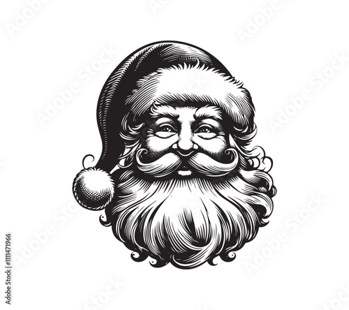 Vintage Santa Claus head illustration, hand drawn black and white Christmas character, classic Saint Nicholas portrait with beard and hat