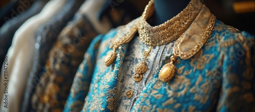 Close up of a blue and gold patterned jacket with a golden collar and buttons.