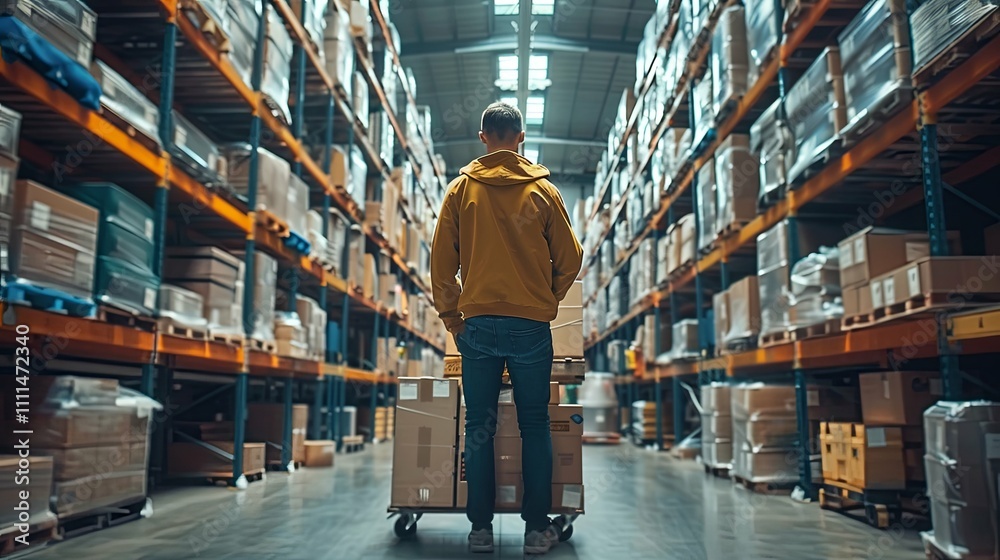 Warehouse Worker Pushing Cart Among Rows of Stacked Cardboard Boxes