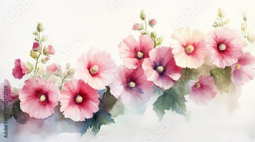 Watercolor illustration of pink hollyhocks with green leaves, vibrant and delicate