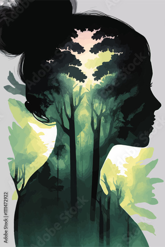 Double exposure portrait of woman blended with nature, forest trees form face, abstract girl profile in green woods