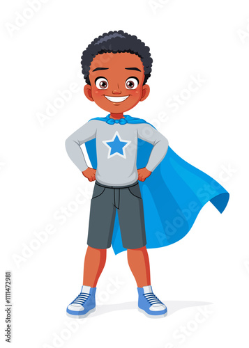 Little African American boy pretending to be a superhero with a cape. Cartoon vector illustration.
