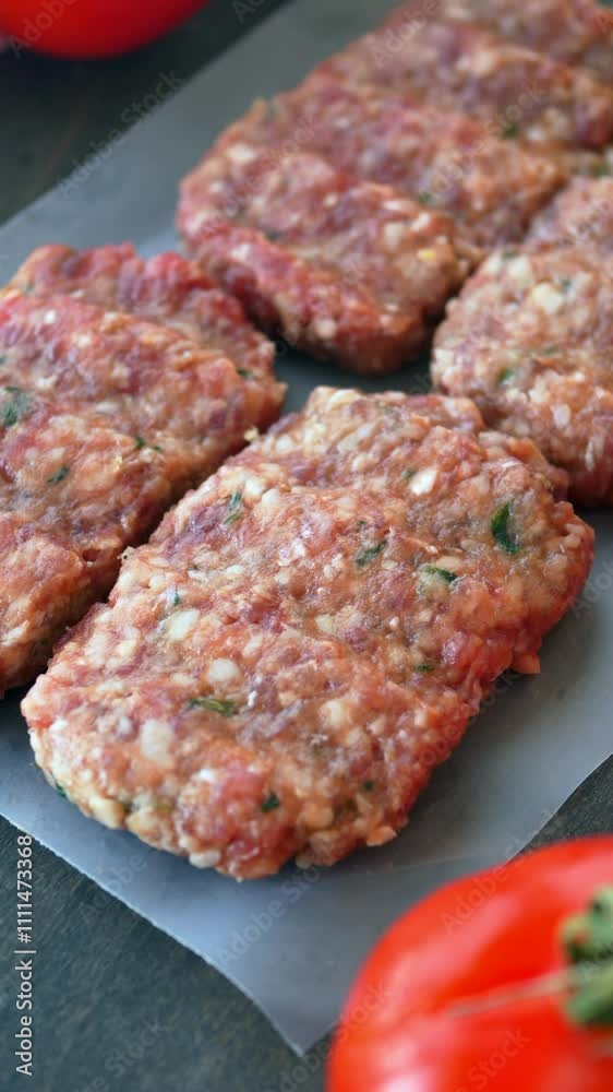 Deliciously Freshly Prepared Meat Patties Accompanied by Ripe Tomatoes Deliciously Freshly Prepared Meat Patties Accompanied by Ripe Tomatoes
