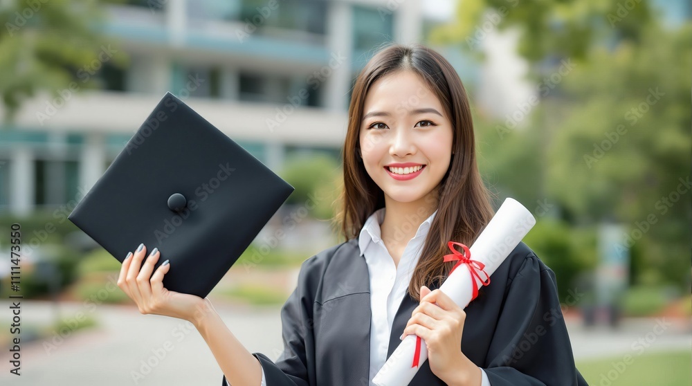Excited graduate holding diploma and cap for academic success celebration Excited graduate holding diploma and cap for academic success celebration