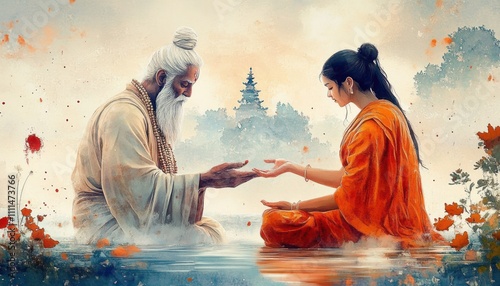 Watercolor Illustration of a Guru Bestowing Blessings on a Devotee for Guru Purnima Celebration