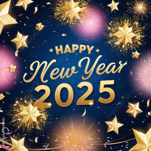 Happy New Year 2025 with gold stars and sparkles Ai generation