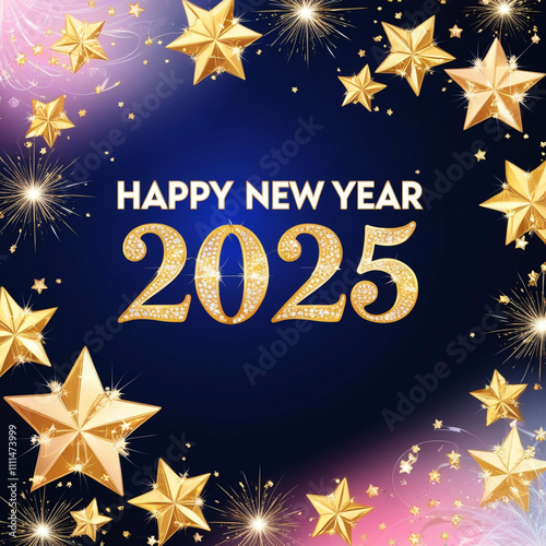 Happy New Year 2025 with gold stars and sparkles Ai generation