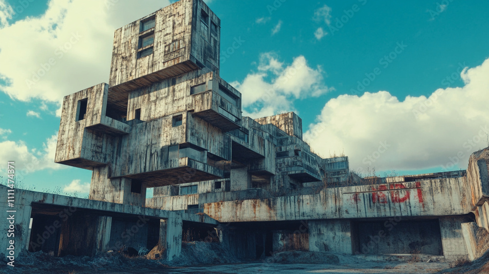 A large decaying concrete building with multiple levels and uneven surfaces A large decaying concrete building with multiple levels and uneven surfaces