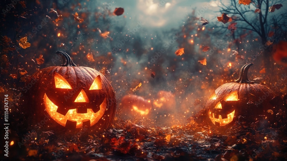 Halloween Background Wallpaper with Jack O Lantern Pumpkins and Spooky Landscape at Night with Bats and Fog Halloween Background Wallpaper with Jack O Lantern Pumpkins and Spooky Landscape at Night with Bats and Fog