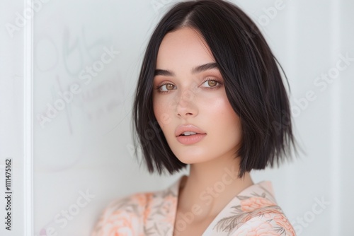 Stylish young woman with short black hair and natural makeup in soft lighting, posing confidently for a modern beauty portrait

