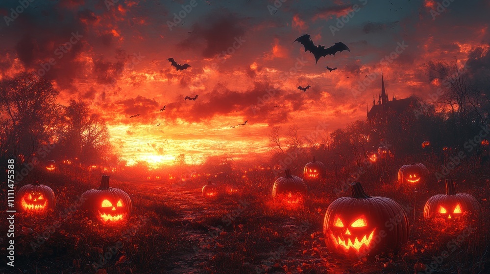Spooky Halloween Landscape with Glowing Jack O Lanterns and Eerie Bats in Twilight Sky Spooky Halloween Landscape with Glowing Jack O Lanterns and Eerie Bats in Twilight Sky