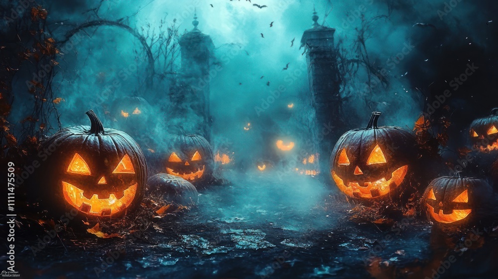 Spooky Halloween Scene with Glowing Jack O Lanterns and Misty Atmosphere at Night Spooky Halloween Scene with Glowing Jack O Lanterns and Misty Atmosphere at Night