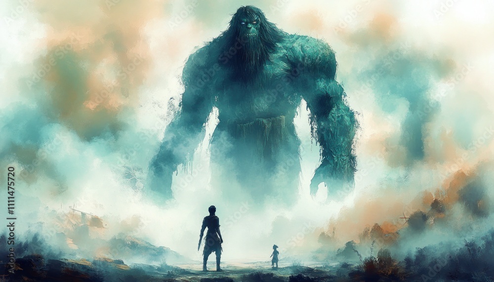 Giant and Warrior in Confrontation Digital Illustrations of Bravery and Faith in a Foggy Landscape Giant and Warrior in Confrontation Digital Illustrations of Bravery and Faith in a Foggy Landscape