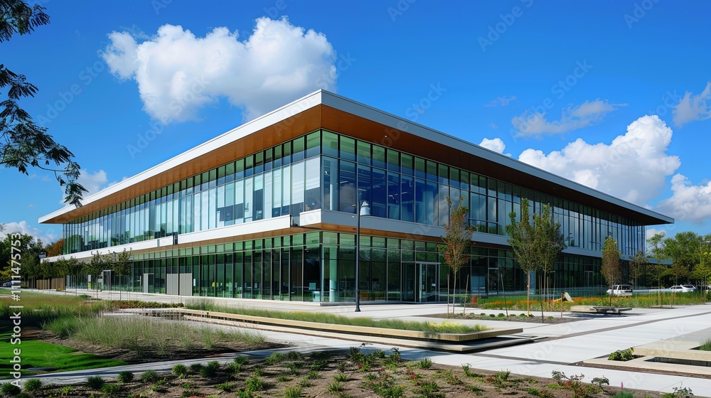 Modern Glass-Faced Office Building with Landscaped Grounds Modern Glass-Faced Office Building with Landscaped Grounds