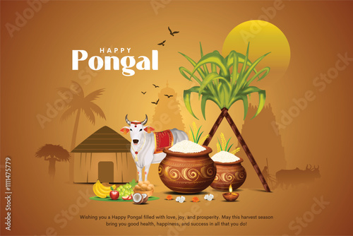 Illustration of Happy Pongal Holiday Harvest Festival of Tamil Nadu South India greeting vector background
