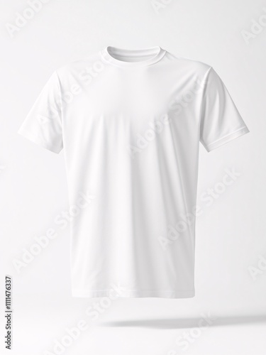 A plain white sports t-shirt mockup made from lightweight and breathable fabric, featuring short sleeves and a crew neck. Isolated on a white background with soft studio lighting. Perfect for branding