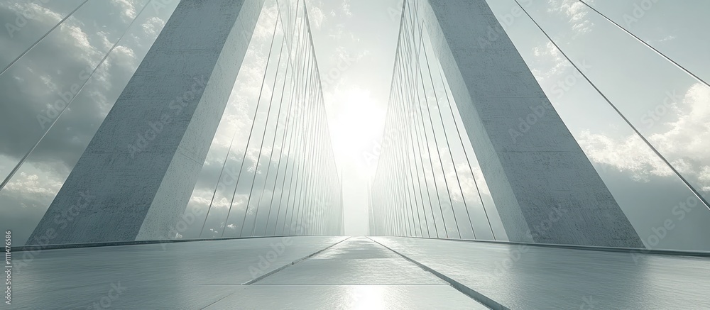 A long, narrow walkway lined with tall, reflective pillars that lead to a bright light. A long, narrow walkway lined with tall, reflective pillars that lead to a bright light.
