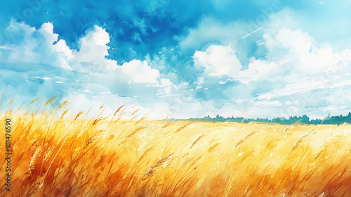 vibrant watercolor landscape featuring golden wheat fields under blue sky