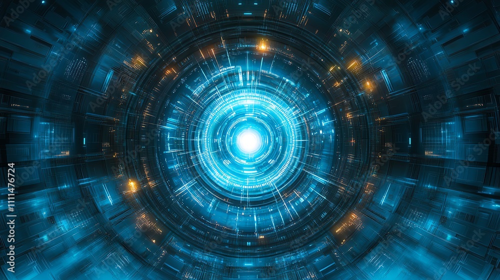 Bright blue futuristic hologram interface, highlighting technology advancements, close up on breakthrough tech, surreal Multilayer with a backdrop of towering buildings