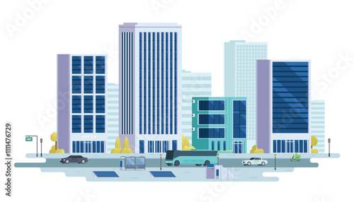 Modern cityscape. Business district skyscrapers, City landscape scenery. Office building set. Vector illustration of city landscape with street elements.	