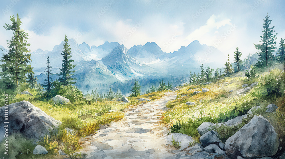 scenic watercolor illustration of rocky mountain trail surrounded by trees and mountains scenic watercolor illustration of rocky mountain trail surrounded by trees and mountains
