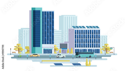 Modern cityscape. Business district skyscrapers, City landscape scenery. Office building set. Vector illustration of city landscape with street elements.	