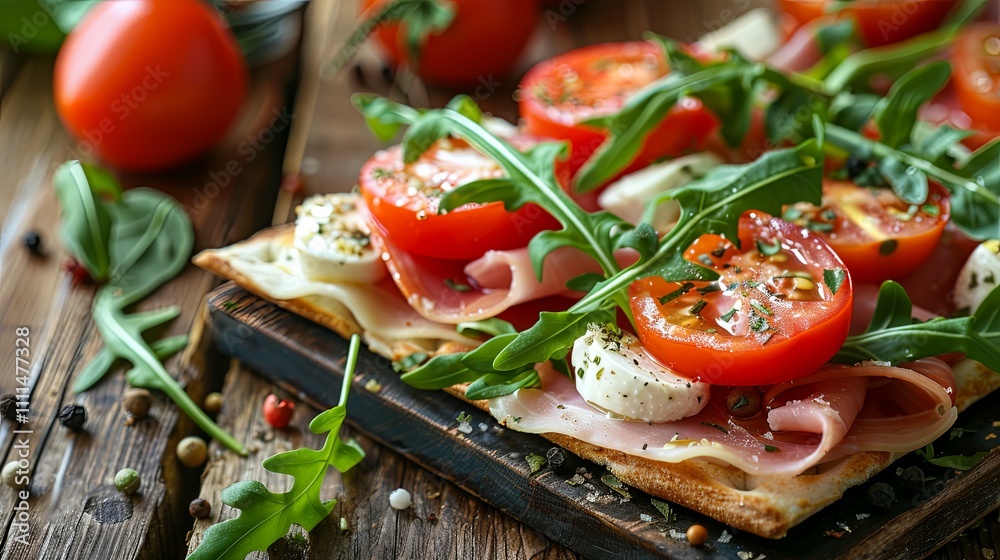 Prosciutto, Mozzarella, Tomato, and Arugula Crostini on Rustic Wood Prosciutto, Mozzarella, Tomato, and Arugula Crostini on Rustic Wood