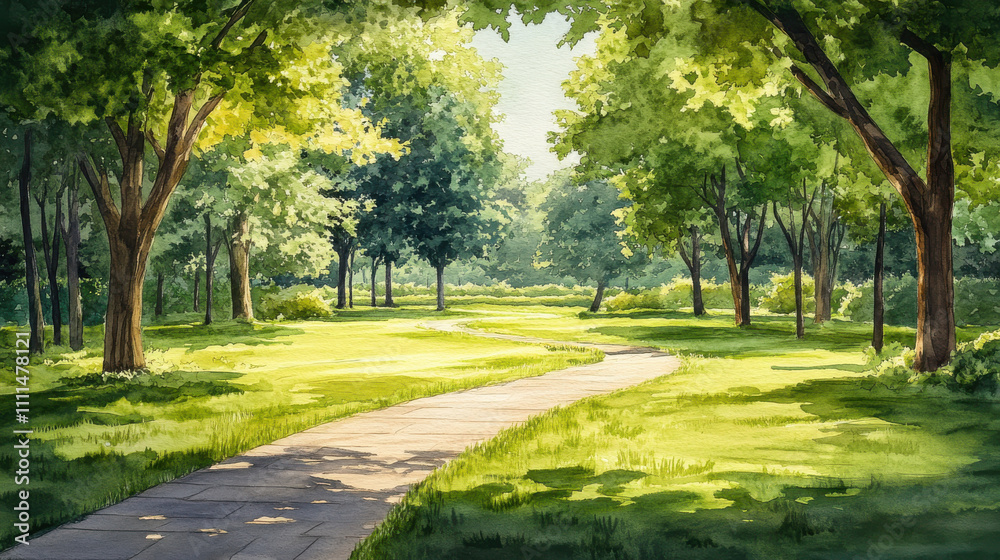 serene park with winding path surrounded by lush greenery and trees serene park with winding path surrounded by lush greenery and trees
