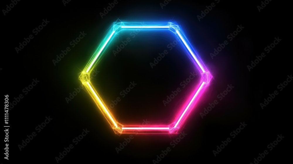 Rainbow neon hexagon frame on black. Rainbow neon hexagon frame on black.