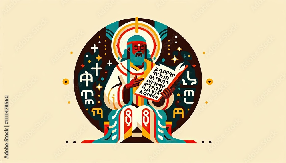 Fototapeta premium Ethiopian scholar reading ancient manuscript with colorful geometric design