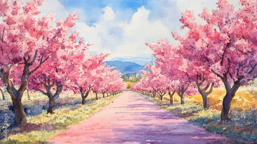 Naklejka premium vibrant springtime orchard with blooming pink cherry trees lining path