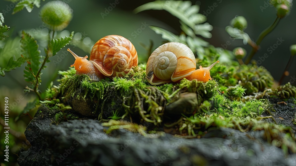 Two snails on mossy rock in lush green forest, close-up view Two snails on mossy rock in lush green forest, close-up view