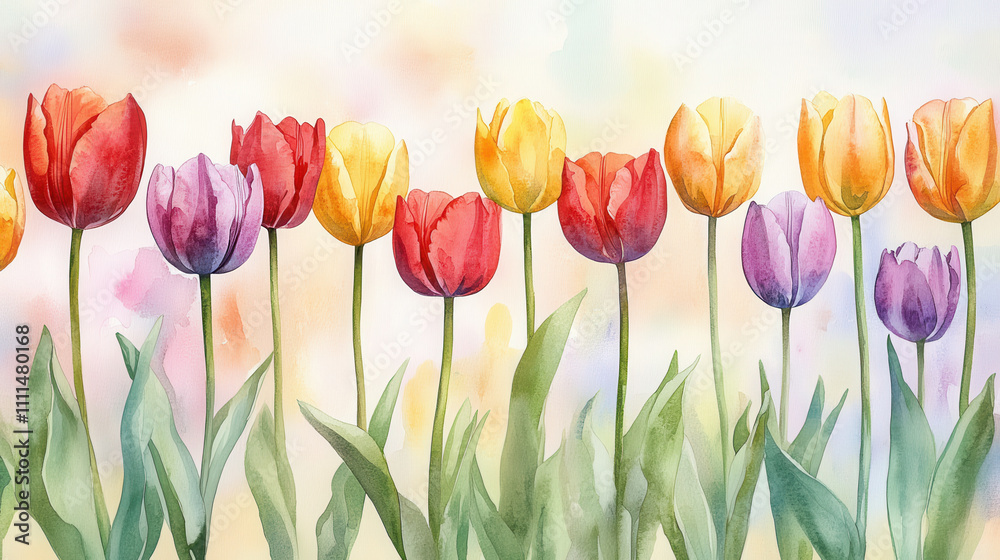 Vibrant tulip garden with colorful flowers and lush green leaves