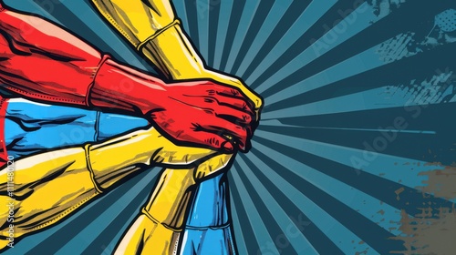 A vibrant retro pop art illustration showing a group of superheroes stacking hands in unity. The design is easy to customize and has plenty of blank space for text or copy.


