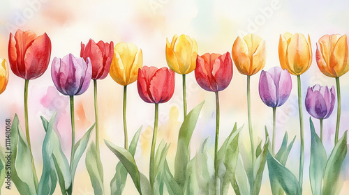 Vibrant tulip garden with colorful flowers and lush green leaves