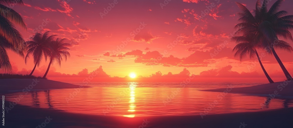 Obraz premium Palm trees on a tropical beach at sunset with a beautiful red sky.