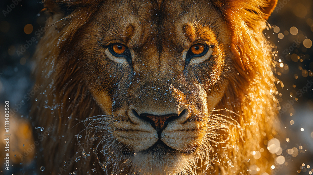 A lion's face with golden-brown fur and intense eyes A lion's face with golden-brown fur and intense eyes