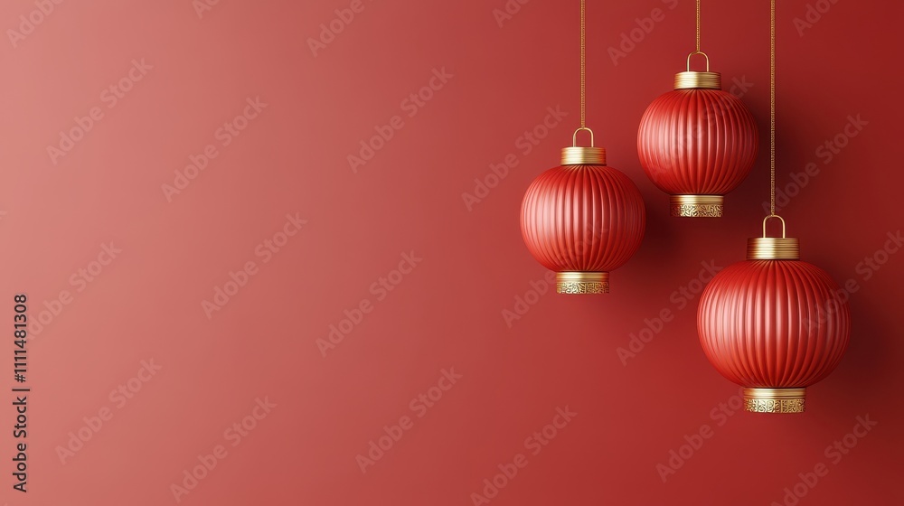 Festive Red Chinese Lanterns Hanging Against Red Background Festive Red Chinese Lanterns Hanging Against Red Background