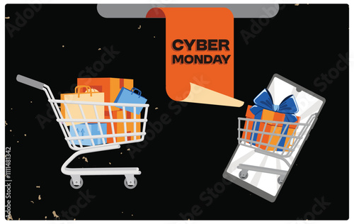 Cyber ​​Monday shopping spree with shopping carts, gadgets, and gift boxes.