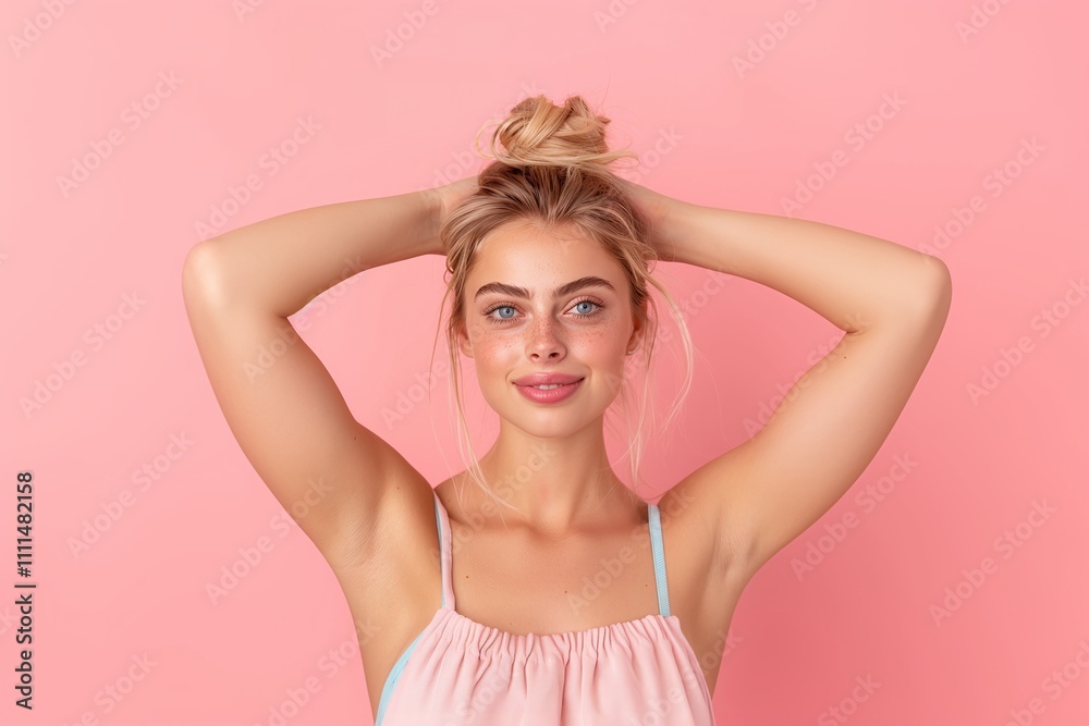 Confident young woman with messy bun wearing pink top, posing against a pink background
Confident young woman with messy bun wearing pink top, posing against a pink background